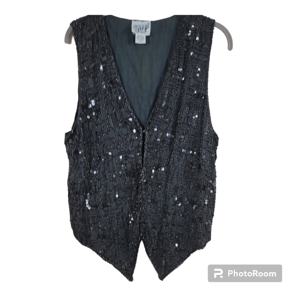 Sweet Sue Black Silk Vest with Black Bugle Beads & Sequins. Sz S - Picture 1 of 10